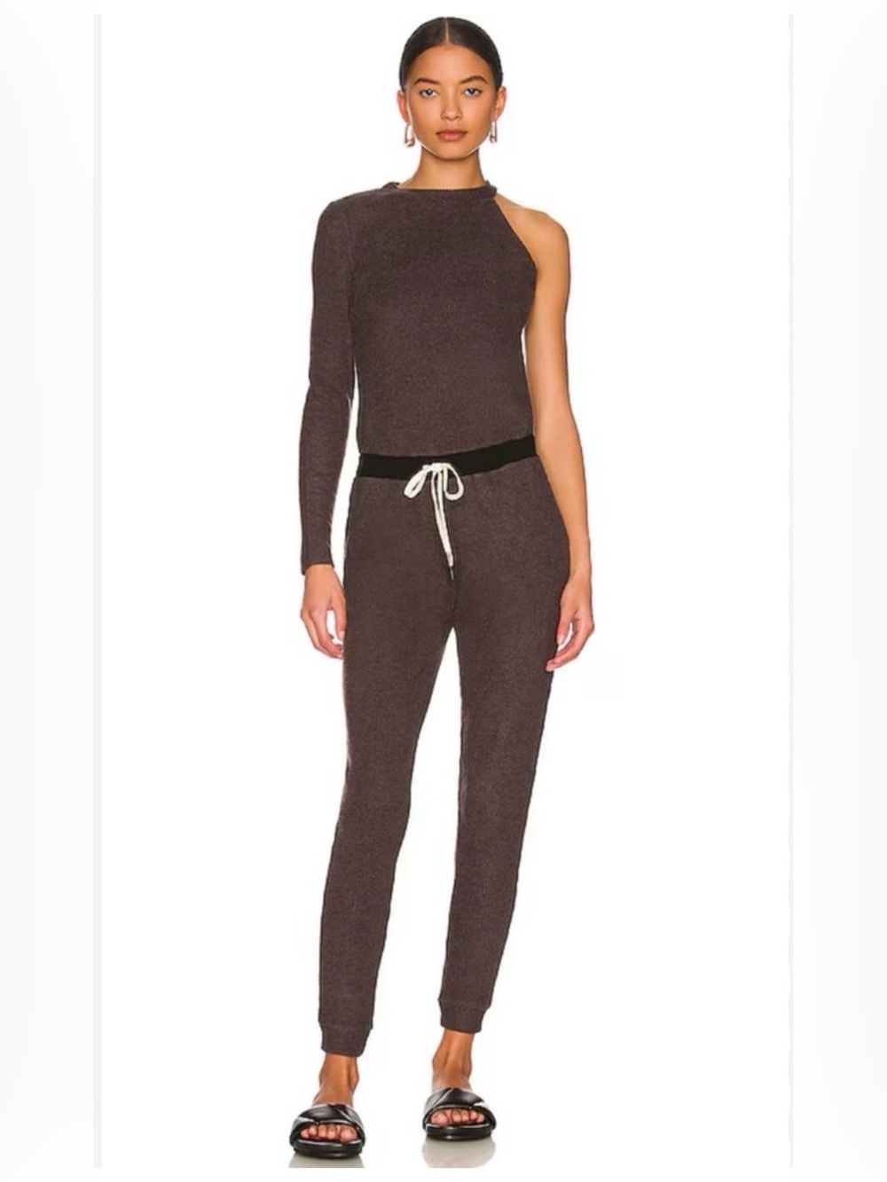 n:PHILANTHROPY One-Shoulder Brown Knit Track Jumpsuit